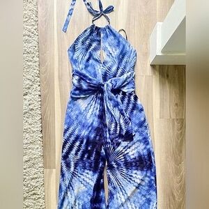 Women's Jumpsuit XS Halter Top Pockets Sheer Blue TieDye Backless Elastic Waist
